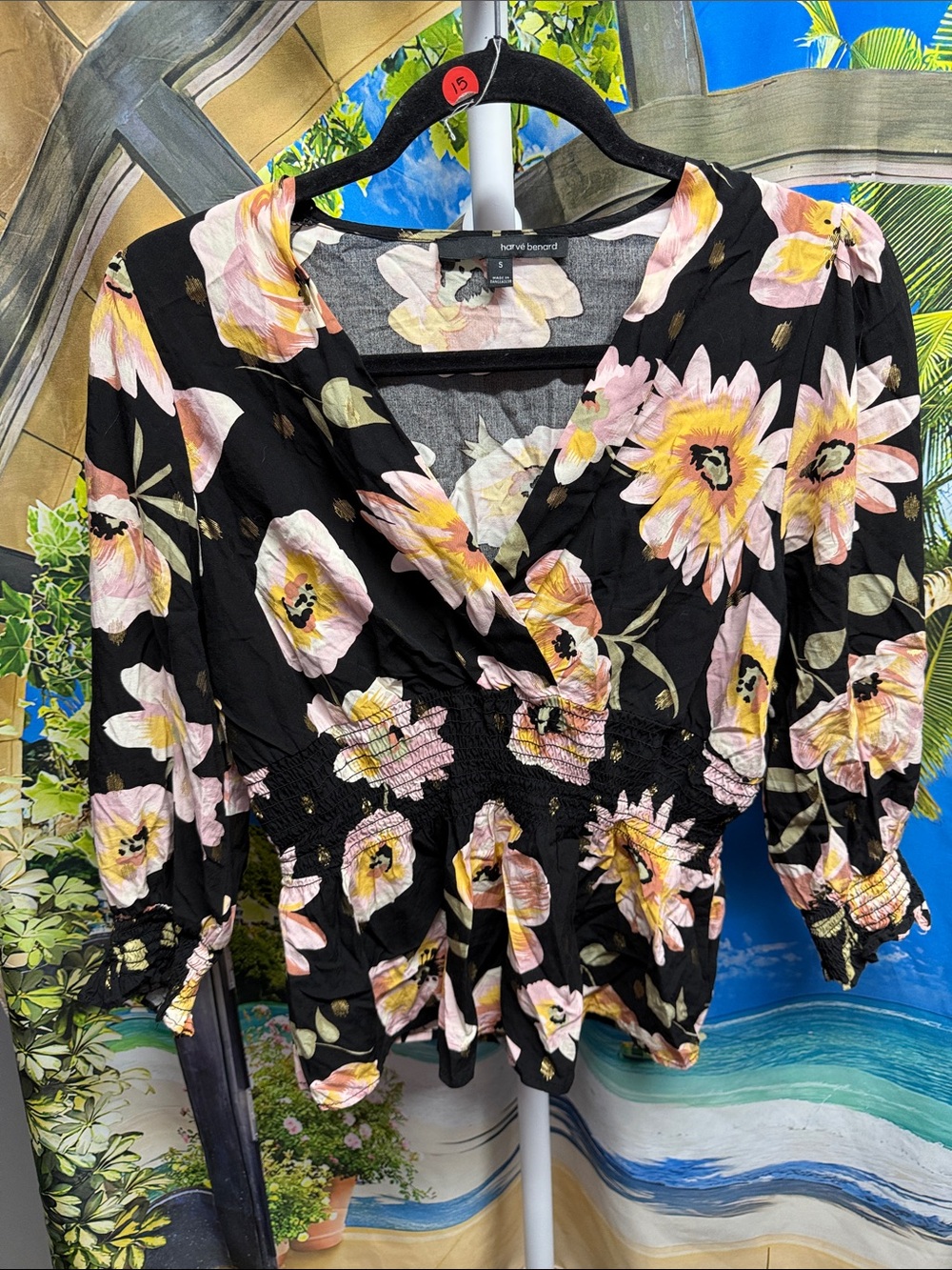 Harve Benard Black Floral V-Neck Smocked Waist Blouse